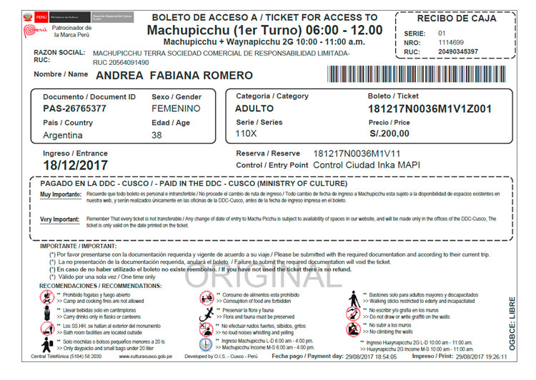 Entrance ticket to Machupicchu