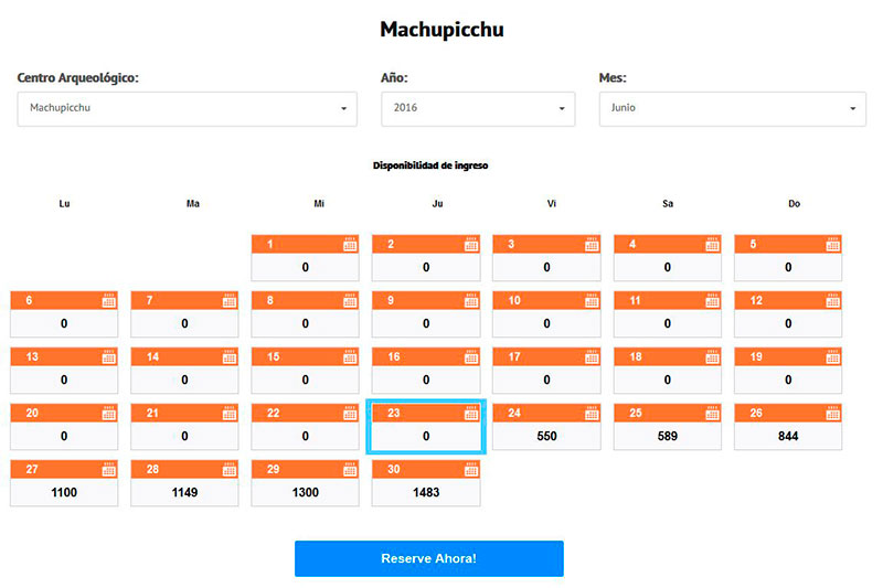 Espacios disponibles para el Boleto Machu Picchu