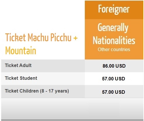 Ticket price Machu Picchu + Mountain 2017