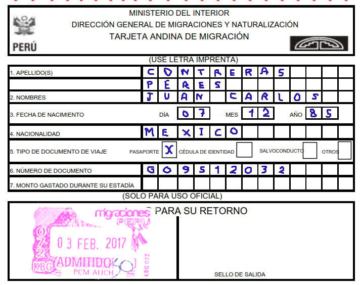 Formato TAM para ser llenado de forma manual, debe ser sellado al ingresar y salir del Perú