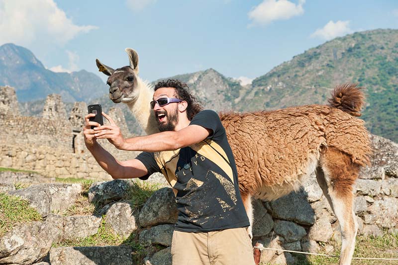 Turista tomandose una selfie con una llama en Machu Picchu