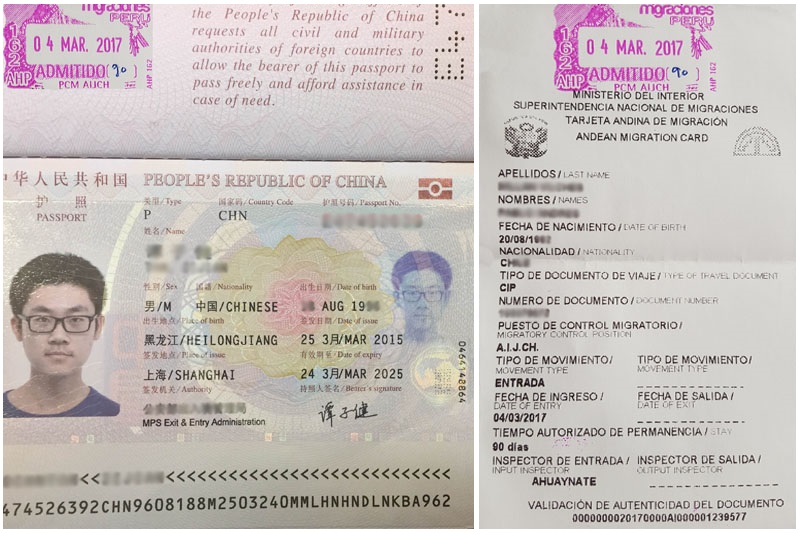 Documento de identificação (passaporte) e Cartão de Migração Andina (TAM)