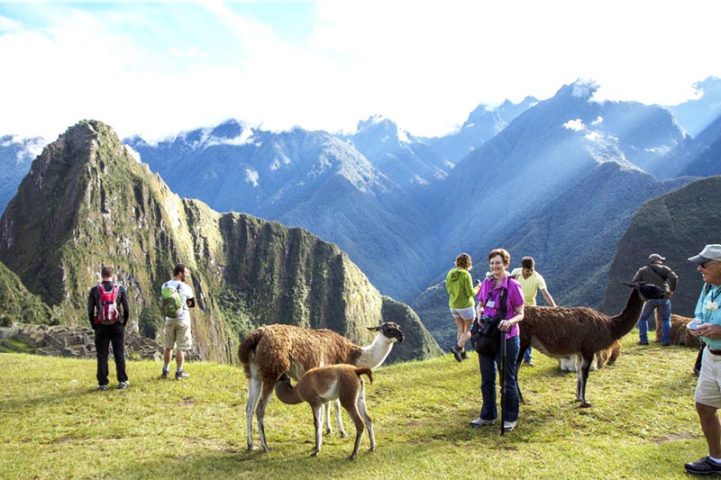 Turistas disfrutando de la maravillosa ciudad inca de Machu Picchu