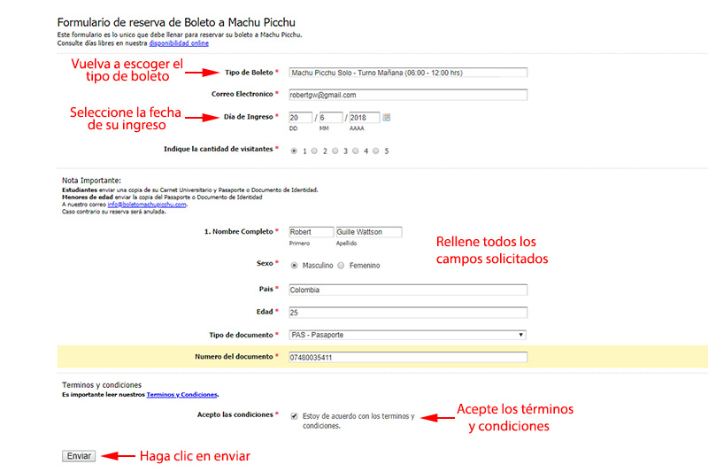 Formulario de reserva boleto Machu Picchu Formulario de reserva boleto Machu Picchu