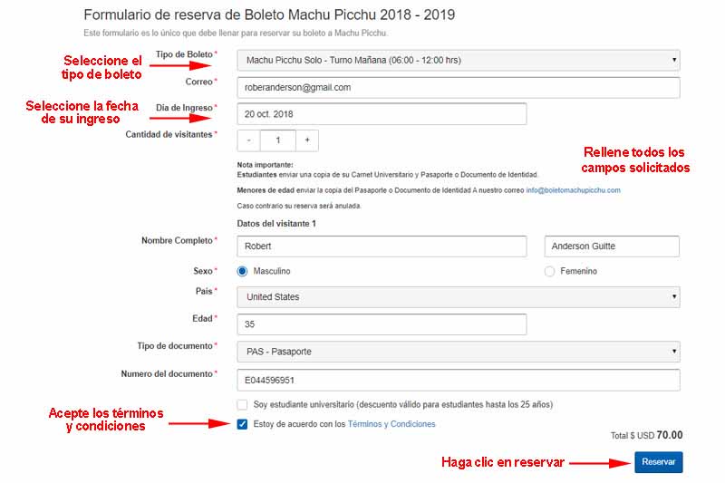 Formulario reserva Machu Picchu Formulario reserva boleto Machu Picchu