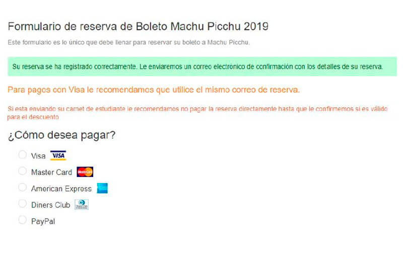 Metodos de Pago Boleto Machu Picchu