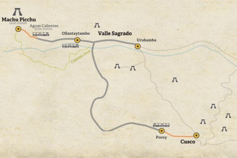 Mappa di viaggio in treno per Machu Picchu