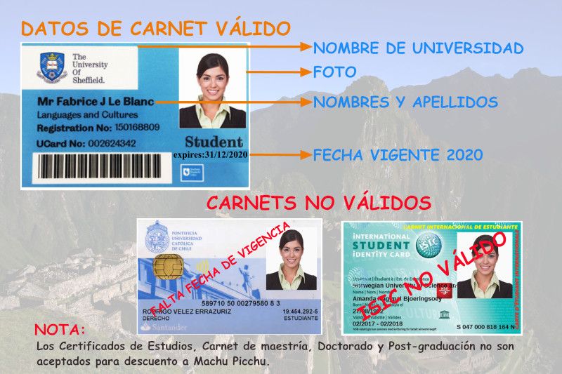 Carnet estudiante Boleto Machu Picchu Carnet valido para reservar el boleto Machu Picchu