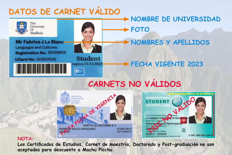 Carnet Machu Picchu Carnet universitario boleto Machu Picchu