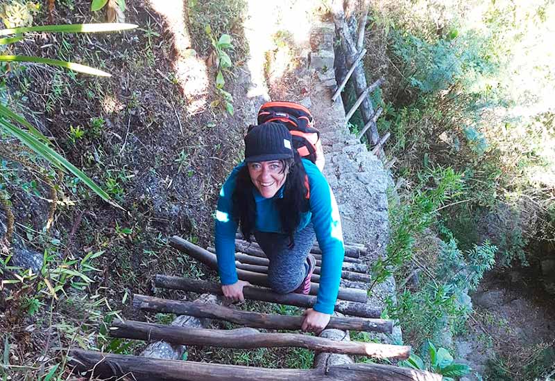 Wooden stairs with Huayna Picchu ticket