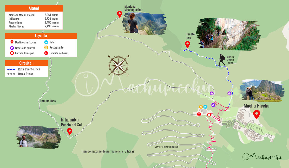 Map of the route to the Inca Bridge in Machu Picchu