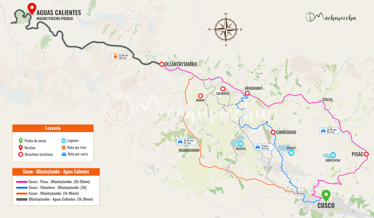 Map of the Cusco - Aguas Calientes route through the Sacred Valley