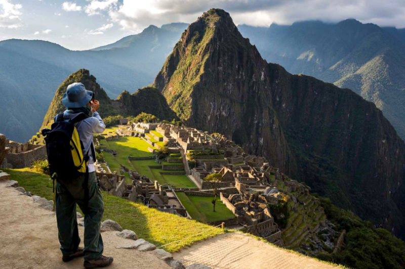 Tourist taking the classic Machu Picchu photo