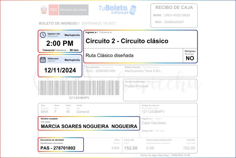 Entrance ticket to Machu Picchu