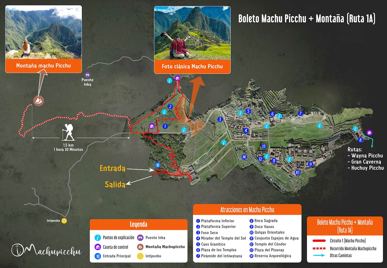 Map route 1A Machu Picchu + Mountain