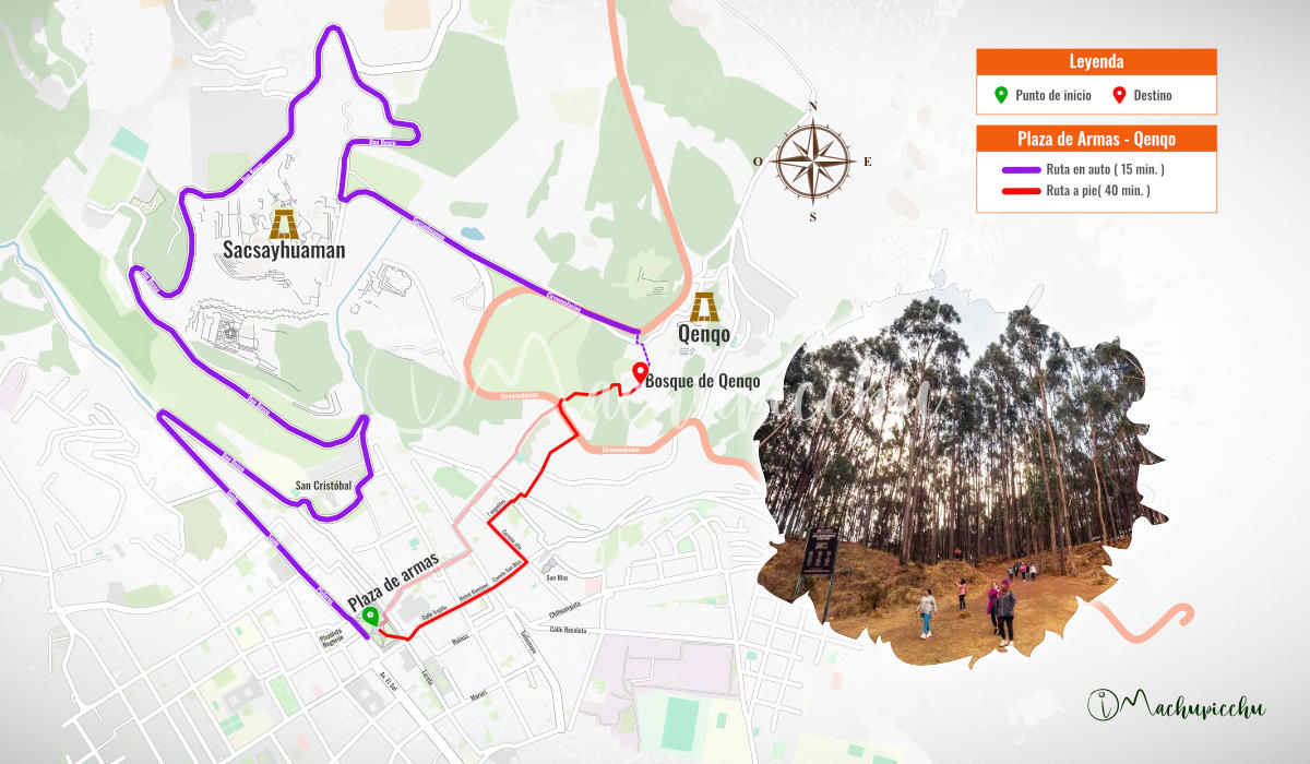 Mapa para llegar al bosque de Qenqo desde la Plaza de Armas