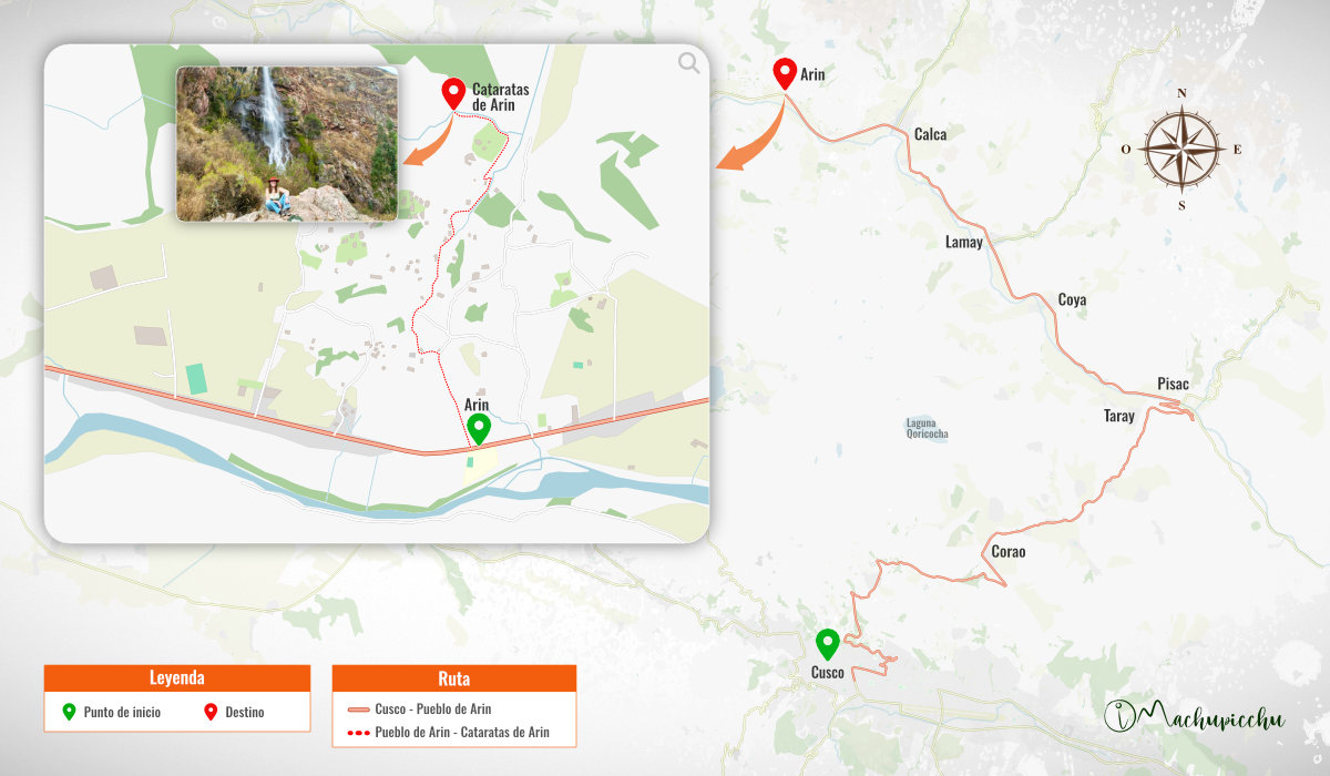 Mapa para llegar a las Cataratas de Arín desde la ciudad de Cusco