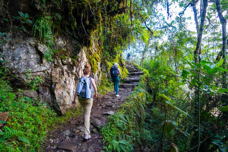 Tourists hiking the 2-day Inca Trail