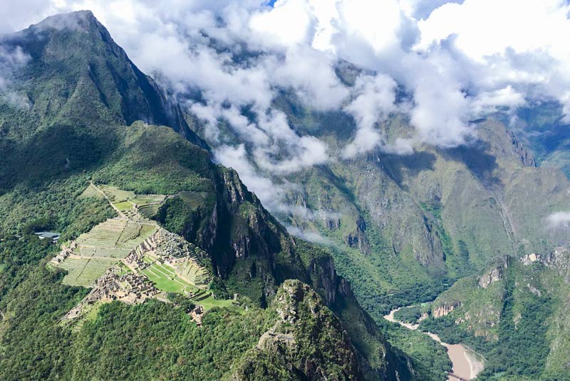 View of the citadel of Machu Picchu from the top of Huayna Picchu