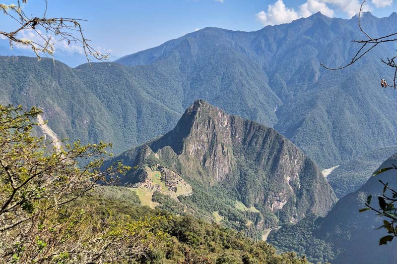 View of the Inca citadel from the path to Machu Picchu mountain