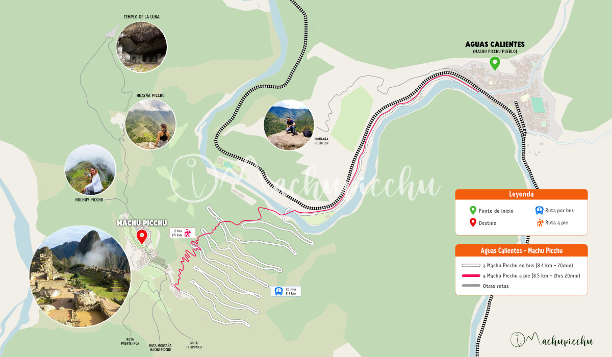Rota para chegar à cidadela de Machu Picchu saindo de Águas Calientes