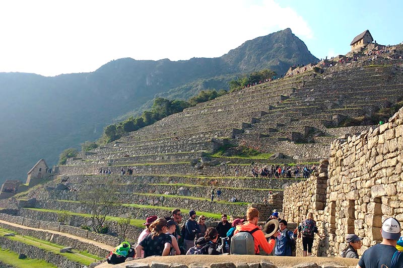 Turista observando las construcciones de la ciudadela de Machu Picchu