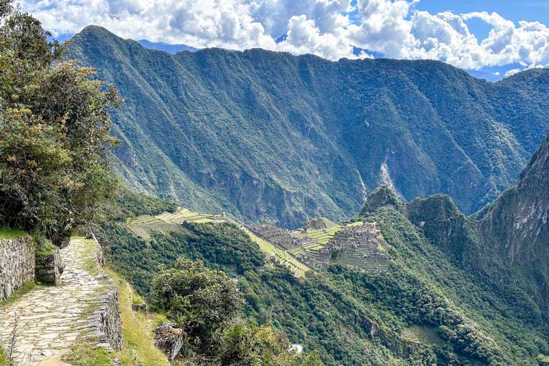 View of the citadel of Machu Picchu from the Inti Punku