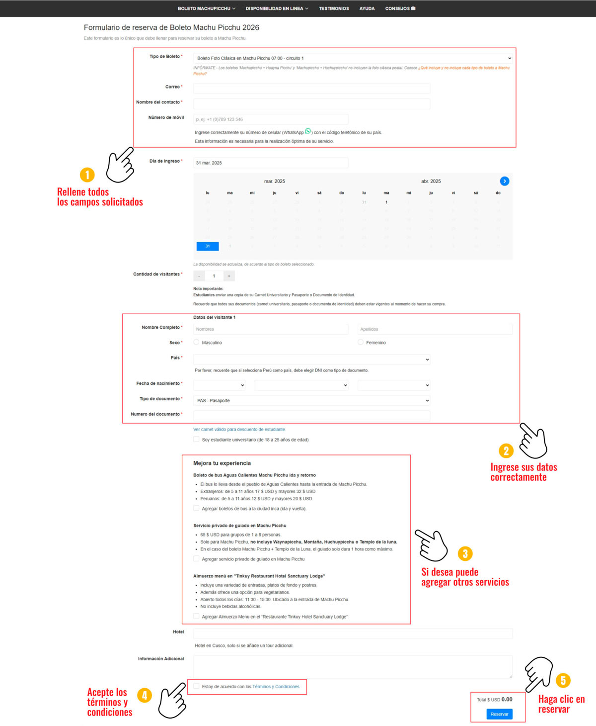 Formulario de reserva boleto Machu Picchu